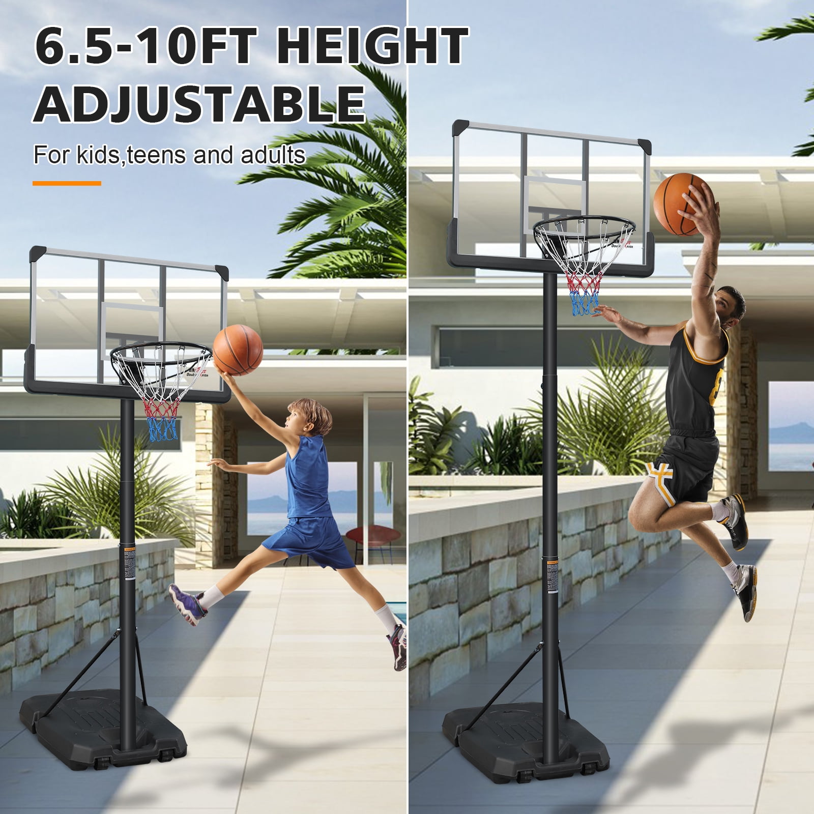 [Adjustable Basketball Goal] Height Adjustable 6.5 Ft-10 Ft Basketball Hoop - 44'' Basketball Rebound, Portable Wheels, And Sturdy Base - Rust-Proof For Adults And Youth