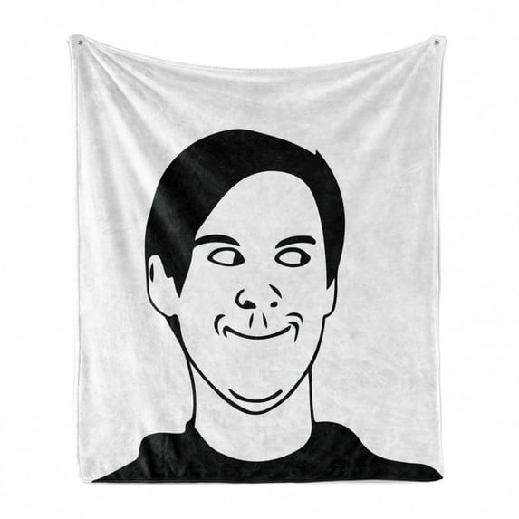 Humor Soft Flannel Fleece Blanket, Irritating Troll Face Man with Cynical Expression Oh Crap Famous Fun Image Print, Cozy Plush for Indoor and Outdoor Use, 70" x 90", Black and White, by Ambesonne
