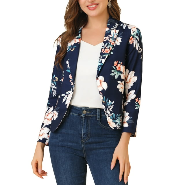 BLAZER CHIC para Mujeres Abierto Frontal para Trabajar Traje Corto de Verano Chaqueta Azul Profundo-Floral 2XL