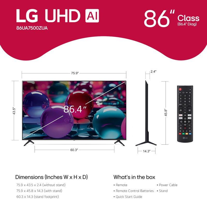 LG 86" 4K UHD UA75 AI Smart TV, 86UA7500 front and back view