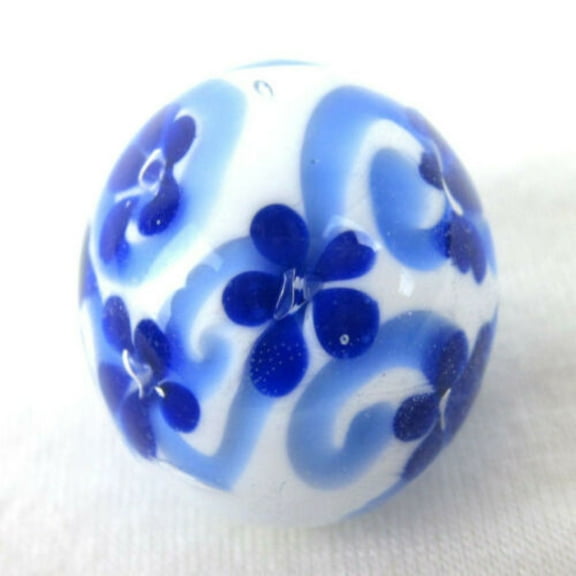22mm (7/8") Mirabelle Hand Made Art Glass Marble  White/Blue Swirl Flower Delft Ware Home Decor