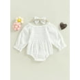 thumbnail image 4 of Baby Girls Romper Set Long Sleeve Off-shoulder Hollowed Pleated Solid Romper with Hairband, 4 of 8