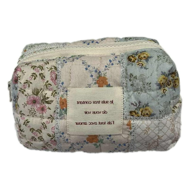 Quilted Makeup Bag Cotton Fabric Fashionable Gift Choice Floral Makeup Bag Small Makeup Bag Floral Cotton Floral Makeup Bag Small Soft And Comfortable Touch Easy To Maintain Cute Aesthetic Makeup Bag