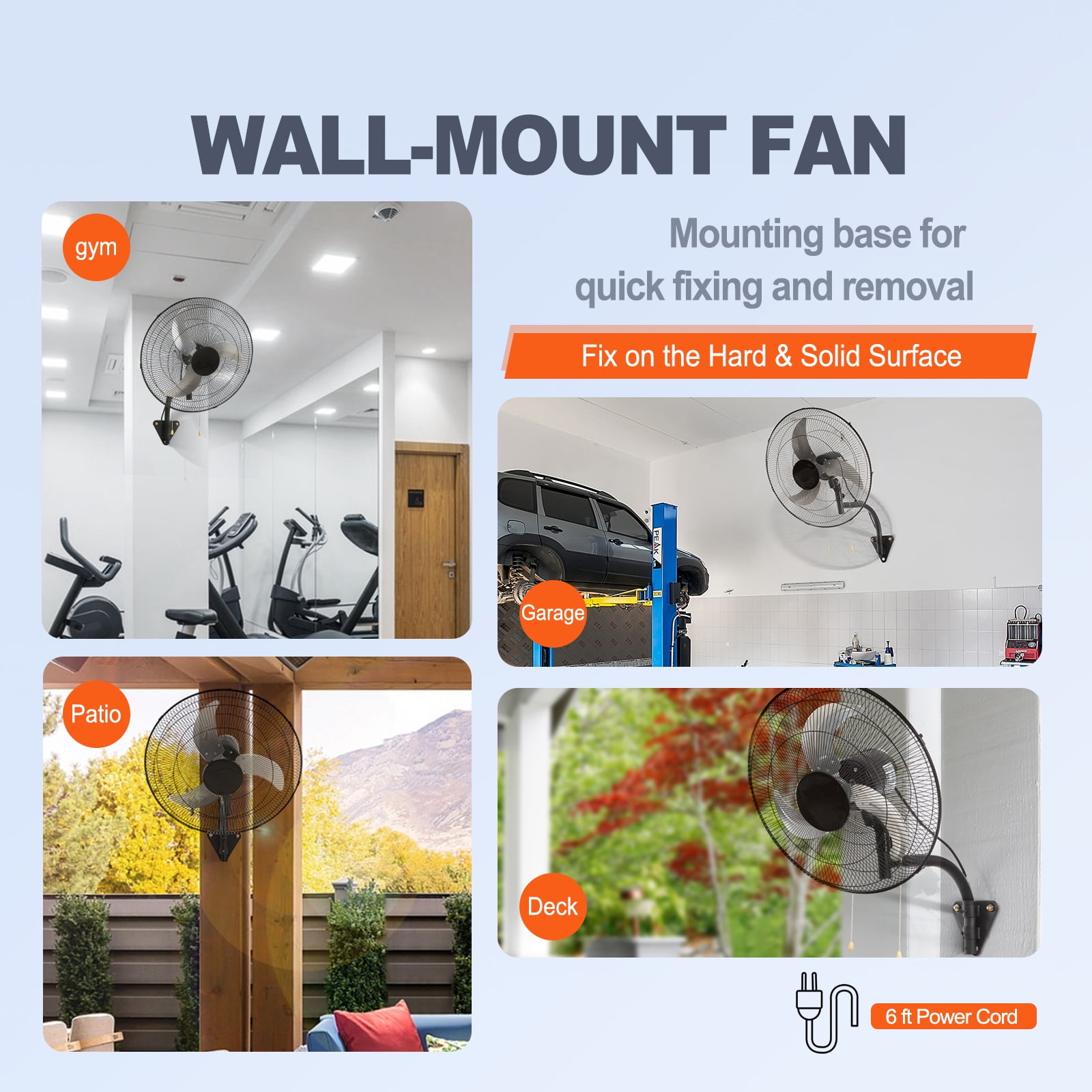 KFFKFF 20-Inch Wall Mount Fan, 3-Speed High Airflow up to 4650 CFM,  Heavy Duty Metal Industrial Fan for Commercial and Residential Use in Warehouses, Greenhouses, Workshops, and Patios, Black