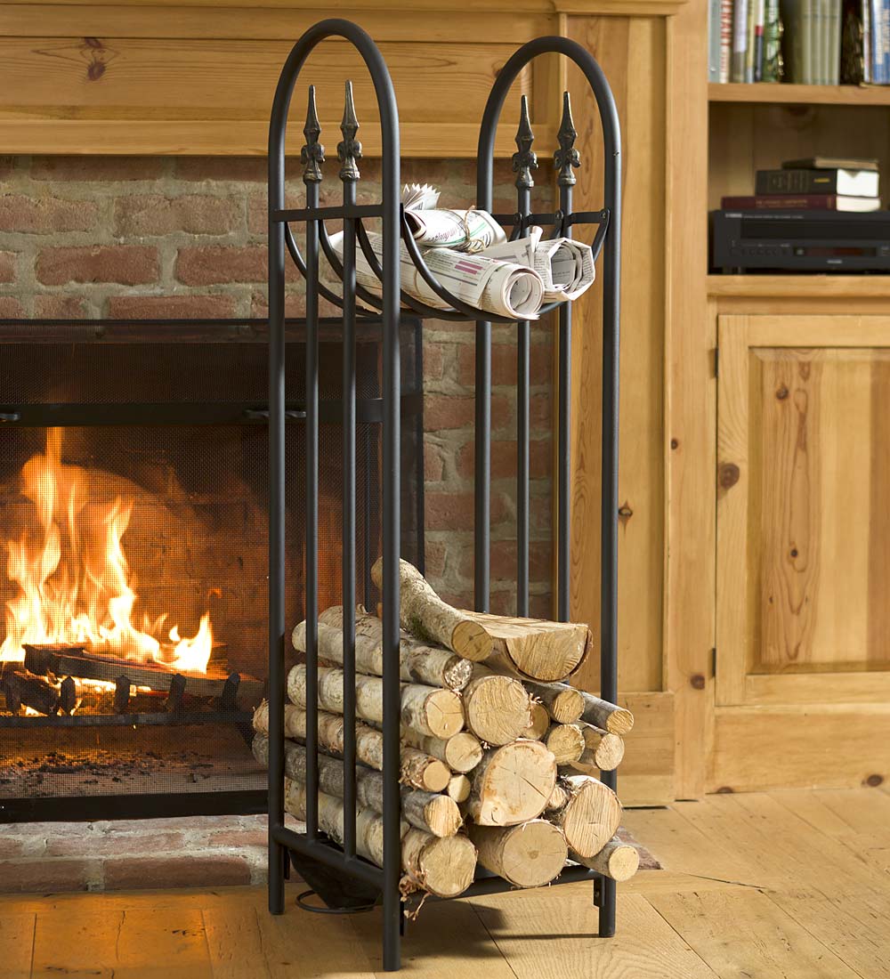 Hearthside Finial Compact Log Rack with Curved Top Rack, in Black by Plow & Hearth