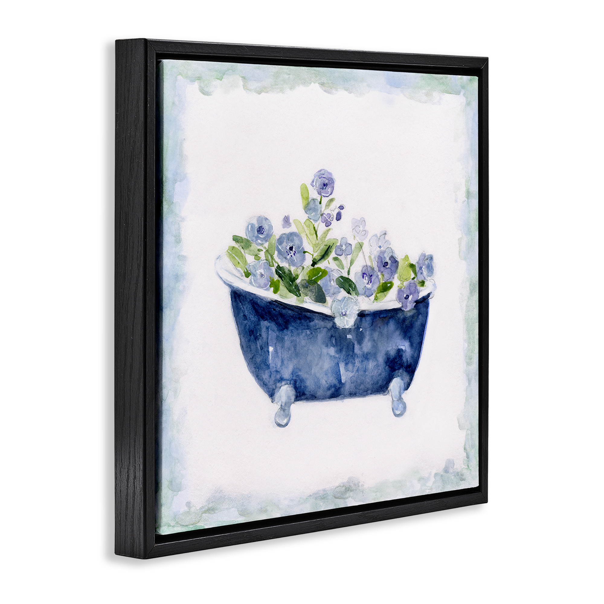 Stupell Industries Charming Blue Bathtub Florals Botanical & Floral Painting Black Floater Framed Canvas Art Print Wall Art, 18 x 18