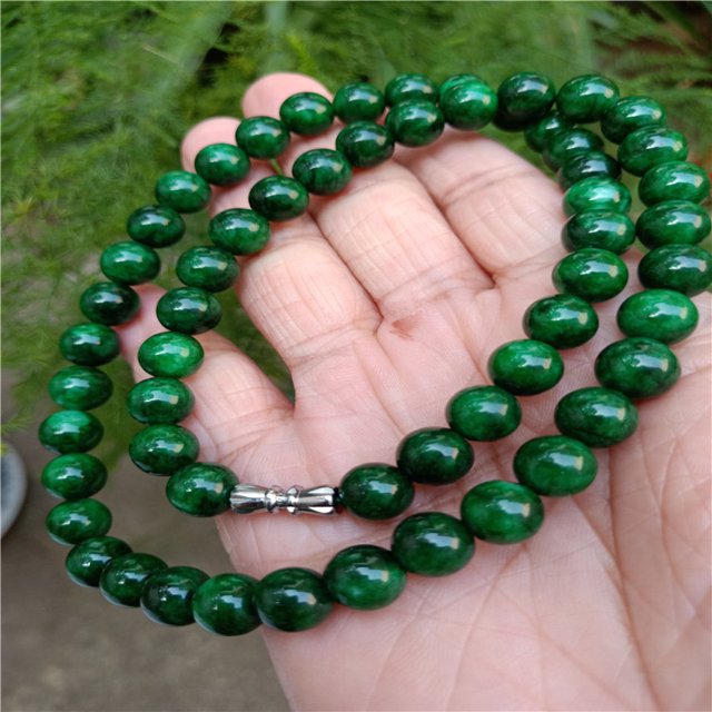 Jewelry Dry Green Buddhist Bead Necklace, Burmese Jade Iron Dragon Round Beads, Full Green Women's Necklace