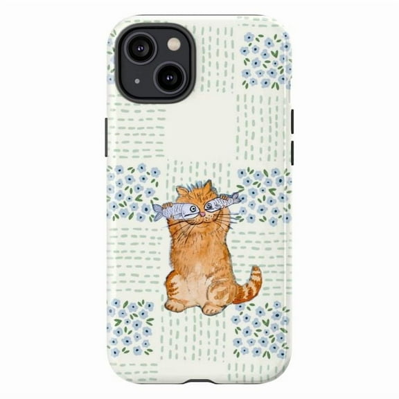 Cute Orange Cat with Fish Glasses Phone Case, Whimsical Floral Patchwork Artistic iPhone Cover, Unique and Playful Cat Lover Protective Case for iPhone 17 16 15 14 13 12 11 Pro Plus Mini