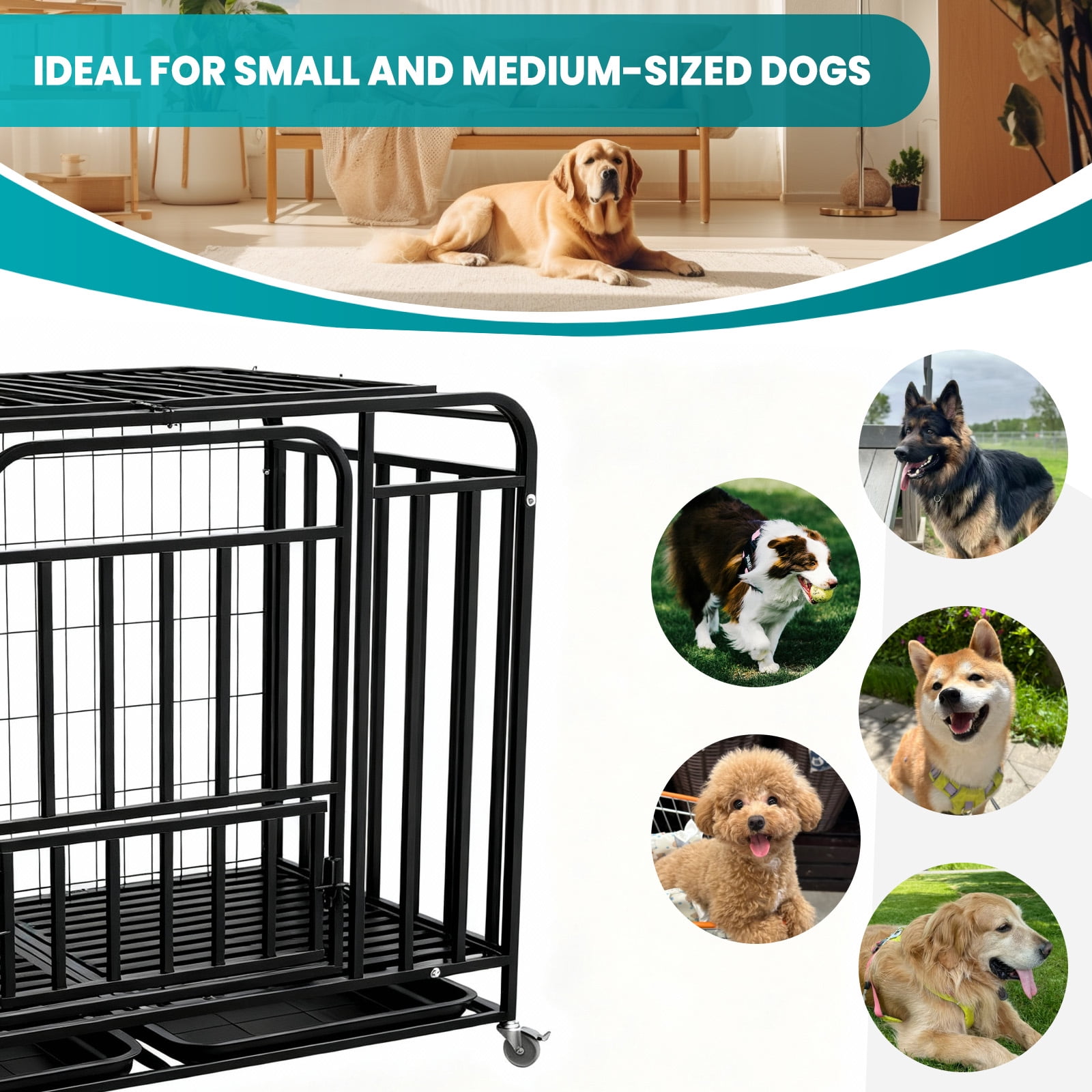 Heavy Duty 42 Inch Dog Crate Cage, Easy to Clean, Dog Kennel with 4 Lockable Wheels, Dog Crates for Indoor Outdoor Pet Housing