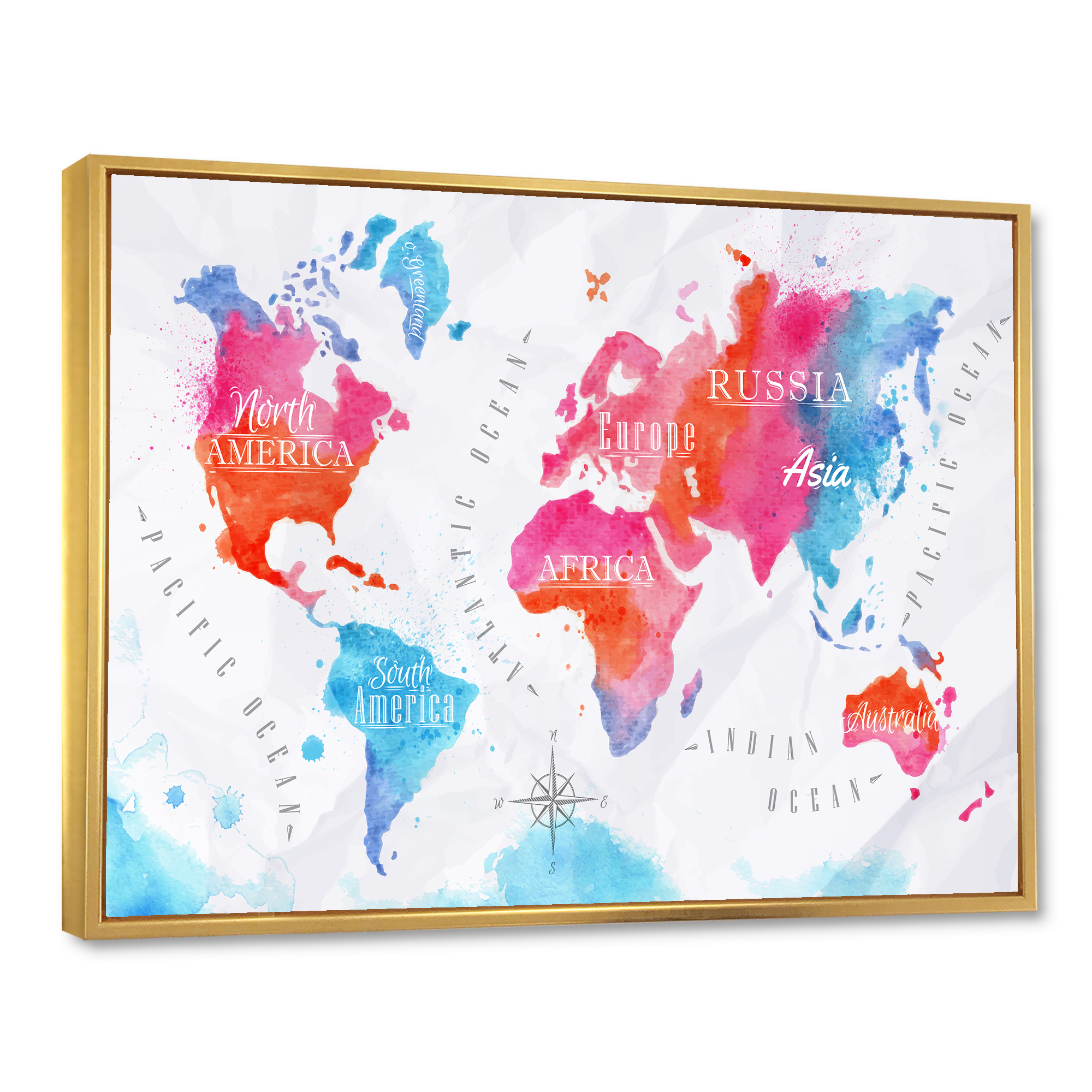 Designart 'World Map In Blue and Pink' Modern Framed Canvas Wall Art Print