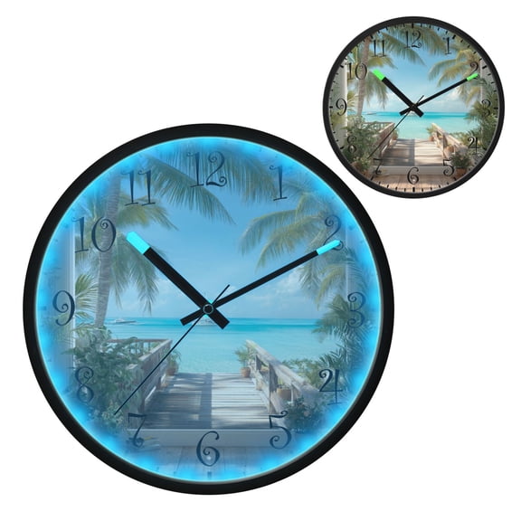 Voice Activated Clock with Glow Light 12 Inch Large Silent Wall Clock Battery Operated for Home Decor Palm Trees and Ocean