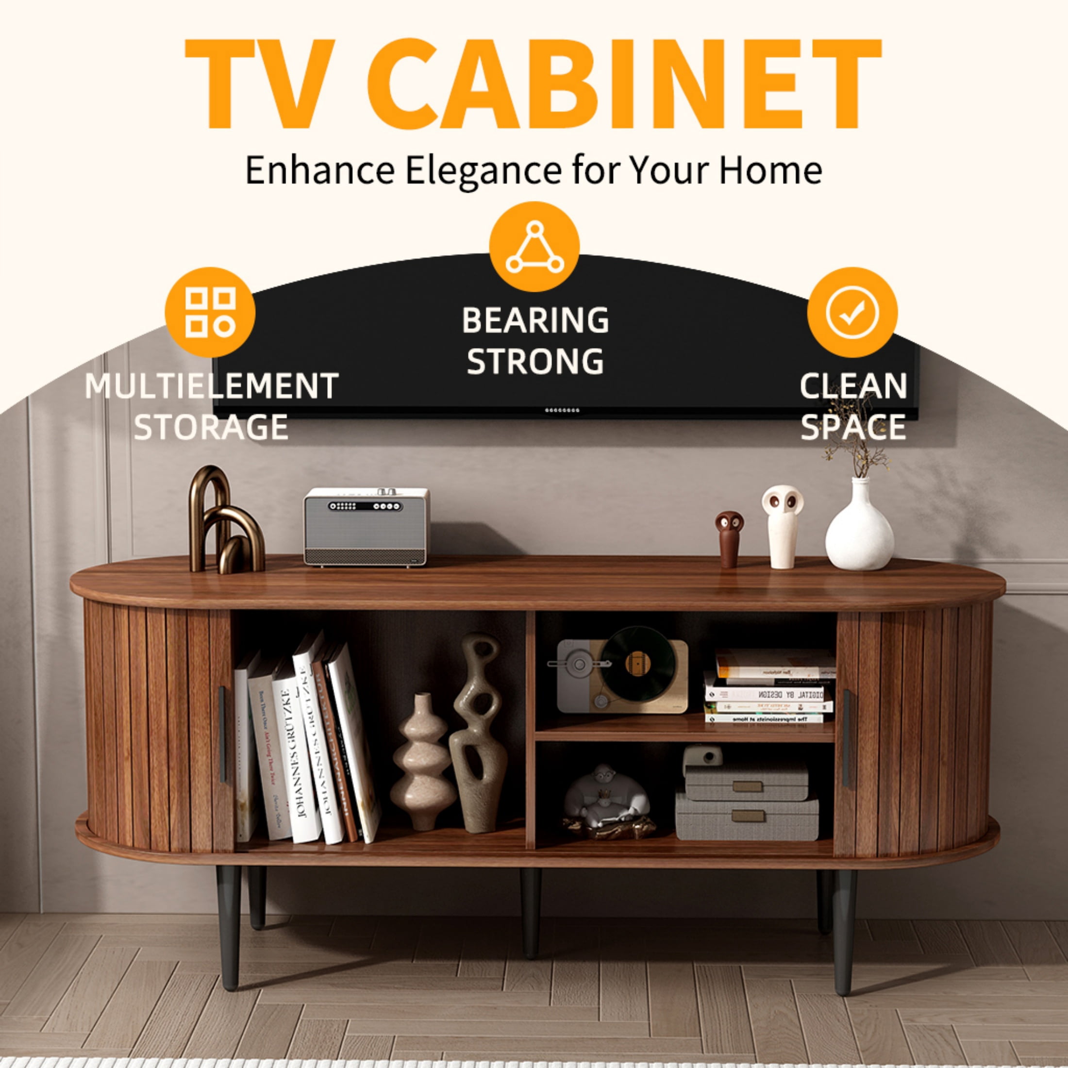 Atumcto 47" Wooden TV Stand, Modern Entertainment Center with Storage Compartment and Sliding Door, Walnut Finish