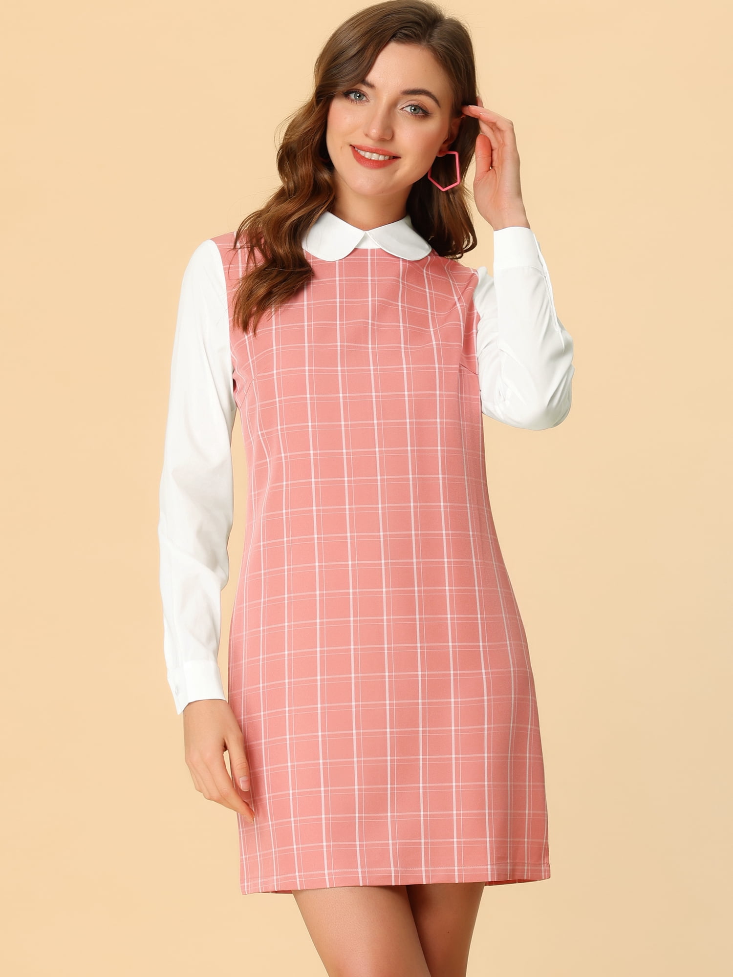DARING DIVA Women's Peter Pan 60s Color Block Mini Long Sleeve Dress M Pink