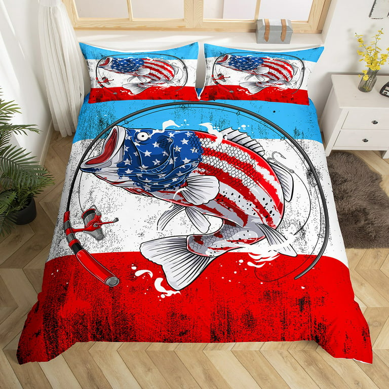 US Bass Fish Duvet Cover Twin American Flag Bedding Set, Hunting