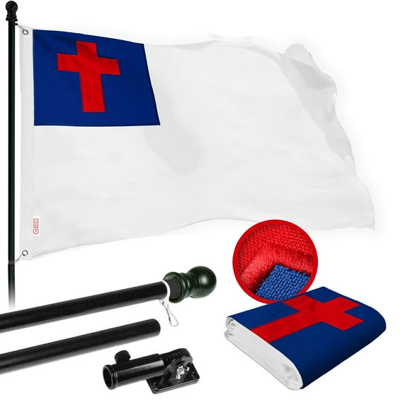 G128 Combo Pack: 6 Ft Tangle Free Spinning Flagpole (Black) & Christian Flag 3x5 Ft Embroidered 220GSM Spun Polyester, Brass Grommets (Flag Included) Aluminum Flag Pole