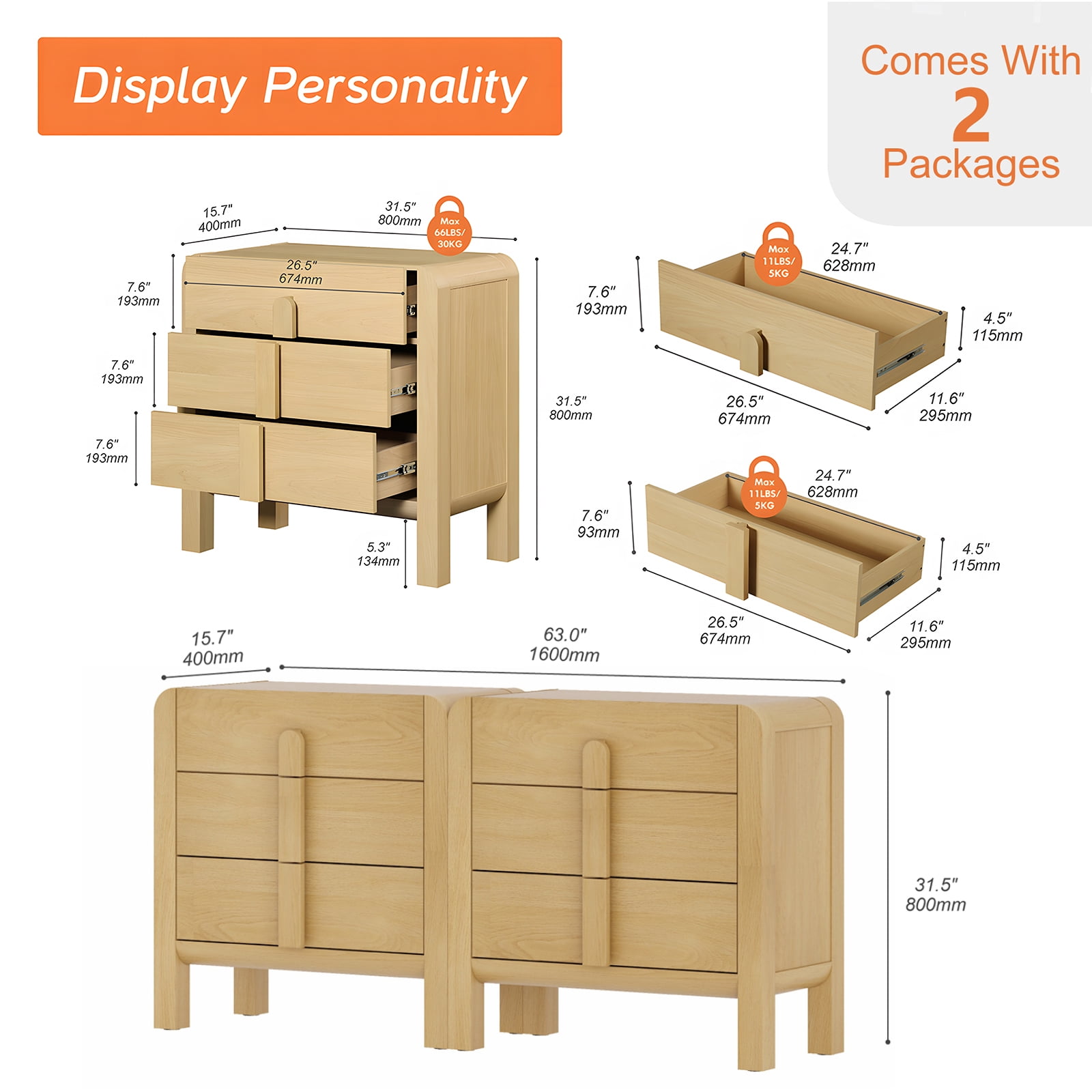 3 Drawer Curved Dresser for Bedroom Set of 2, Mid Century Modern Chest of Drawers, Wood Storage Dresser Organizer for Bedroom Living Room Hallway Closet