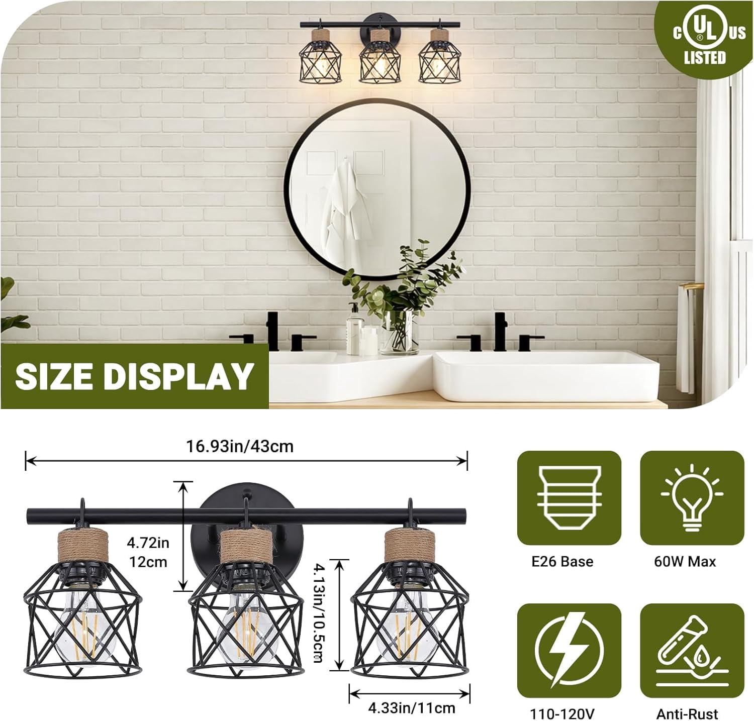 3-Light Farmhouse Bathroom Vanity Light Fixtures over Mirror Matte Black Bathroom Vanity Light Fixtures with Metal Cage Lampshade for Living Room Bedroom Hallway Cabinet