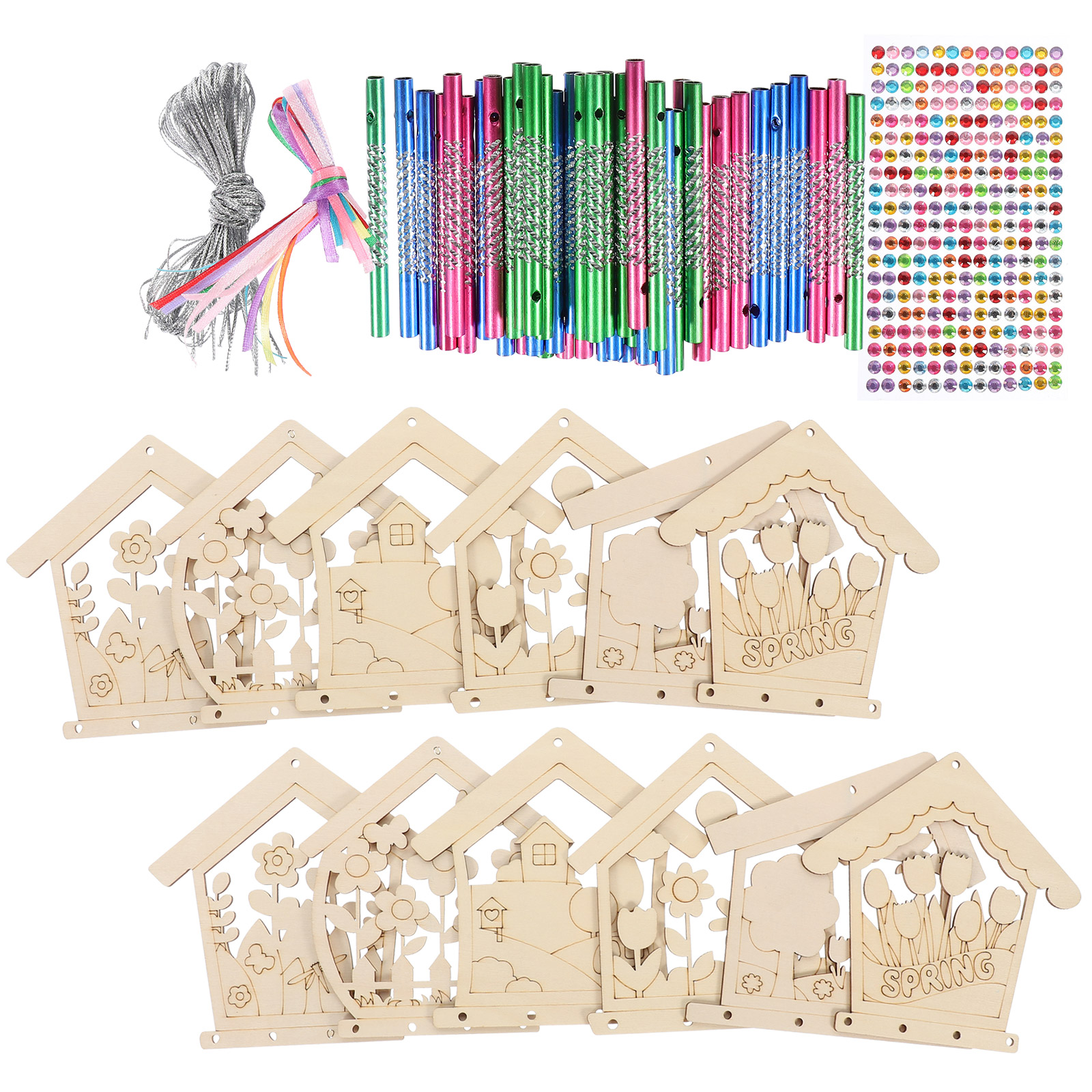 Voiceine 1 Set Unfinished Wind Chime Material DIY Bird House Theme Wind Chime Material