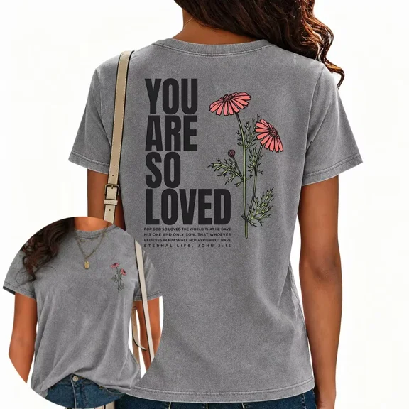UNISHE Women's You Are So Loved John 3 16 Print T-Shirts Floral Graphic Tees Washed Vintage Casual Tops Gray, M