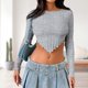 thumbnail image 2 of Top de otoño para mujer suéter a rayas de manga larga Tops ajustados con cuello cuadrado ropa de calle, 2 of 7