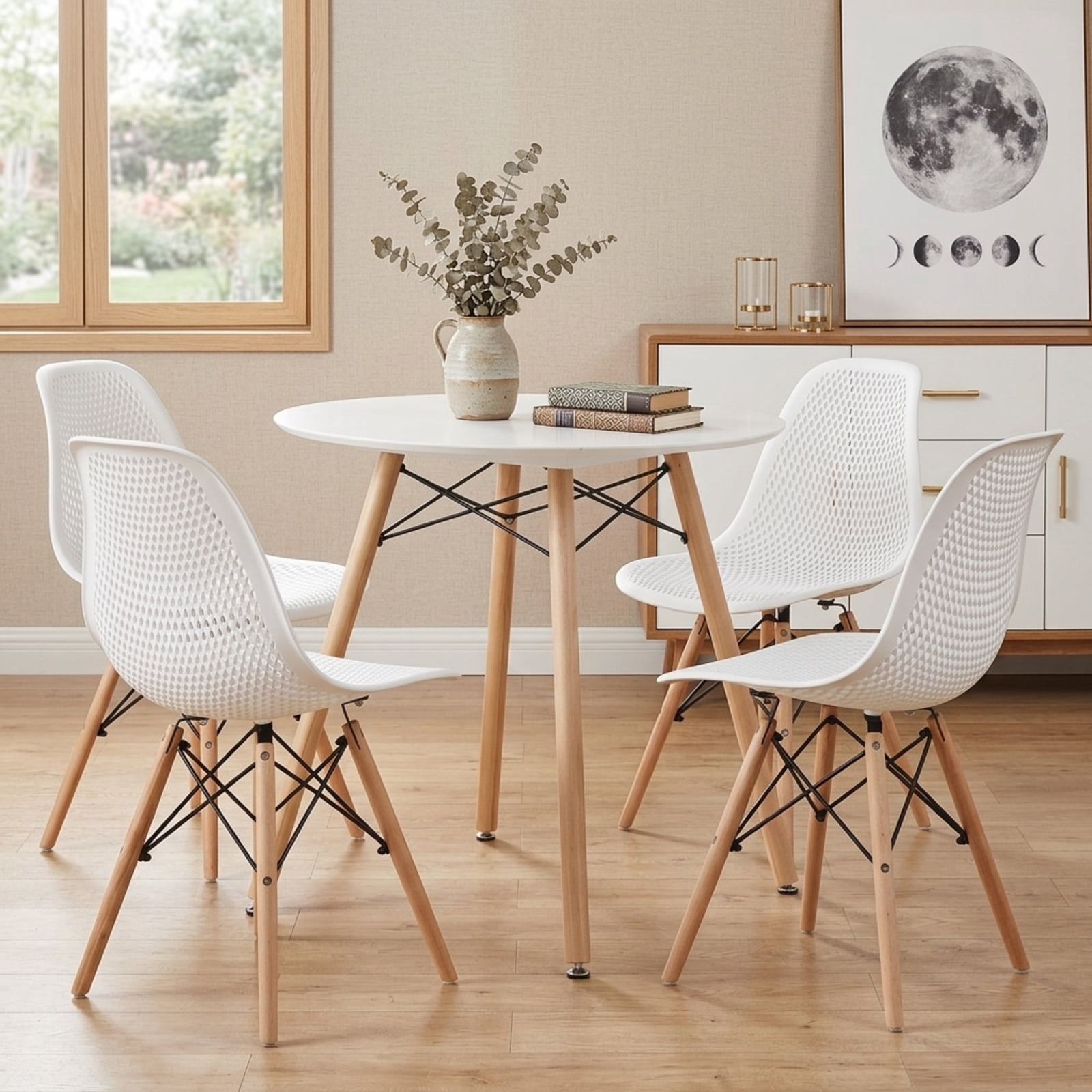 Furnibear 4 Pieces Modern Plastic Hollow Chair Set with Wood Leg for Kitchen Dining Room Living Room Home, White