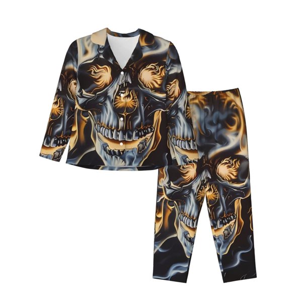 Fotbe Fiery Skull Trio Conjunto de Pijama de Manga Larga para Mujer con Estampado, Ropa de Dormir de 2 Piezas, Conjunto de Casa Suave y Cómodo con Bolsillos-Medium