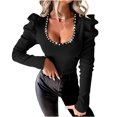 thumbnail image 2 of Honeeladyy Women's Fashion Casual Solid Color Long Sleeve Round -Neck T-shirt Sat Buttons Blouse Casual Tops for Going Out (Black,2XL), 2 of 5