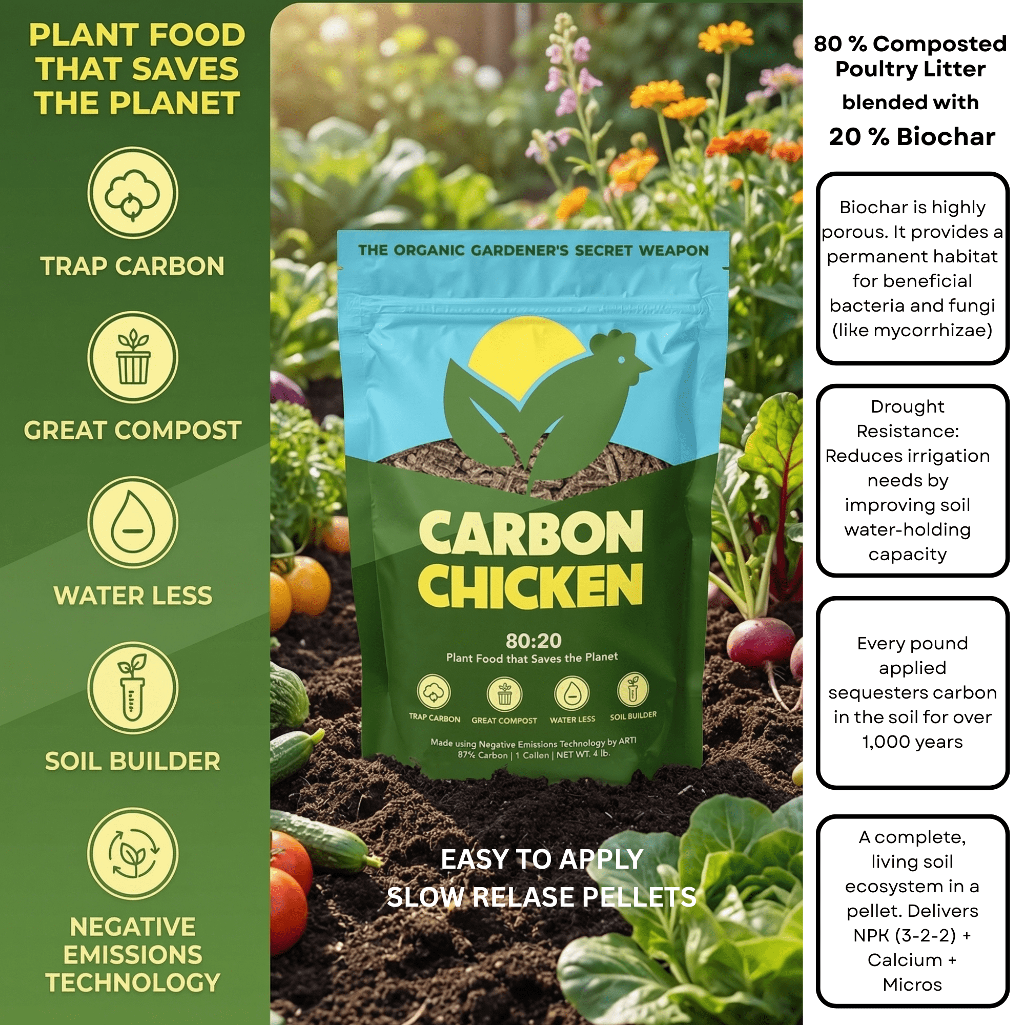 Carbon Chicken Organic All-Purpose Pelleted Slow-Release Soil Amendment, 4 lb Bag with Biochar and Manure Blend