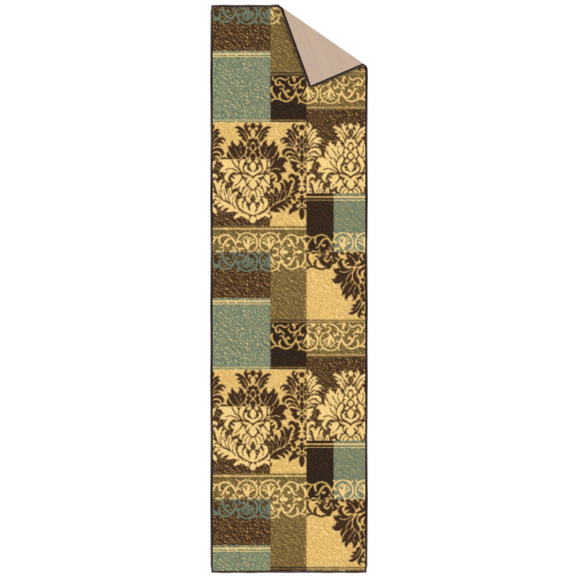 Ottomanson Non-Slip Hallway Runner Rug 1'10" x 7' Perfect for High Traffic Areas, Brown/Green Damask