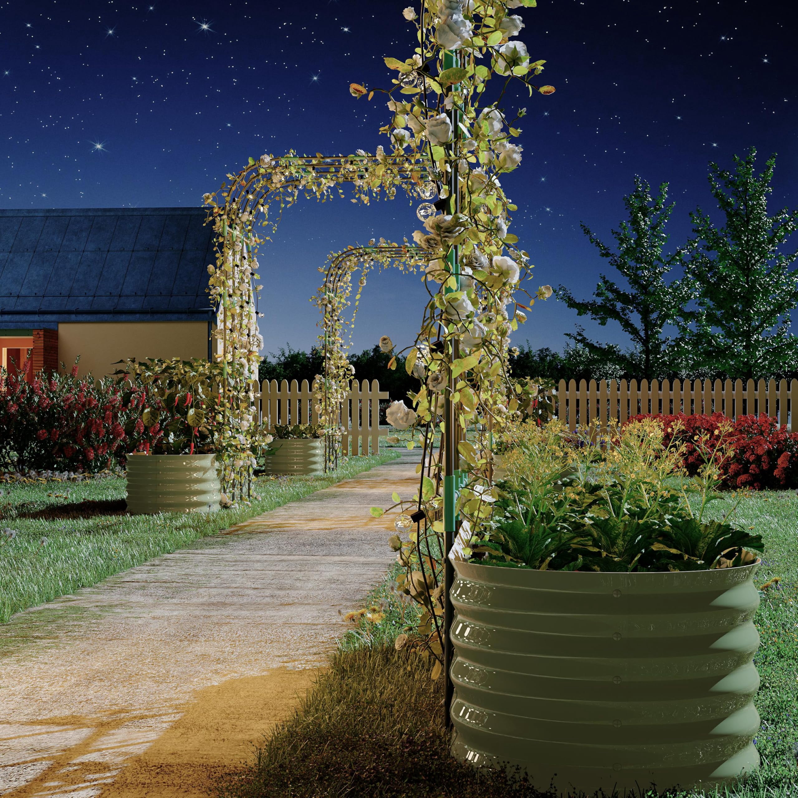 Riedhoff Vertical Gardening Arch Kit with 95" H Tall Metal Raised Beds for Vines,Flowers,Beige