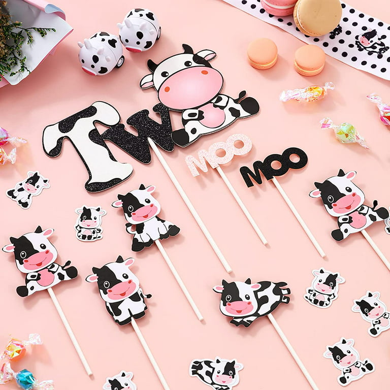 Cow Cake Topper Set for 2nd Birthday with One Cake Topper, 24 Pack Cupcake  Picks Girls Cow Moo Moo Themed Second Birthday Party Decorations