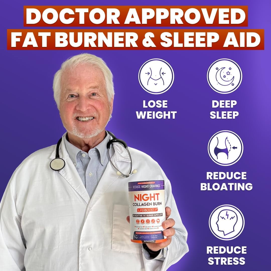 Night Collagen Burn - Weight Loss & Belly Fat Burner & Sleep Aid for Women & Men | Sleep Support for Bloating & Metabolism, Appetite Suppressant | Supports Skin, Hair, Nails & Joints | 30 Servings