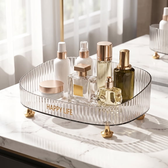 Liujiale Light Luxury Makeup Perfume Desktop Organizer Dresser Countertop Cosmetics Organizer Tray Fruit Serving Tray Bathroom Vanity Tray White