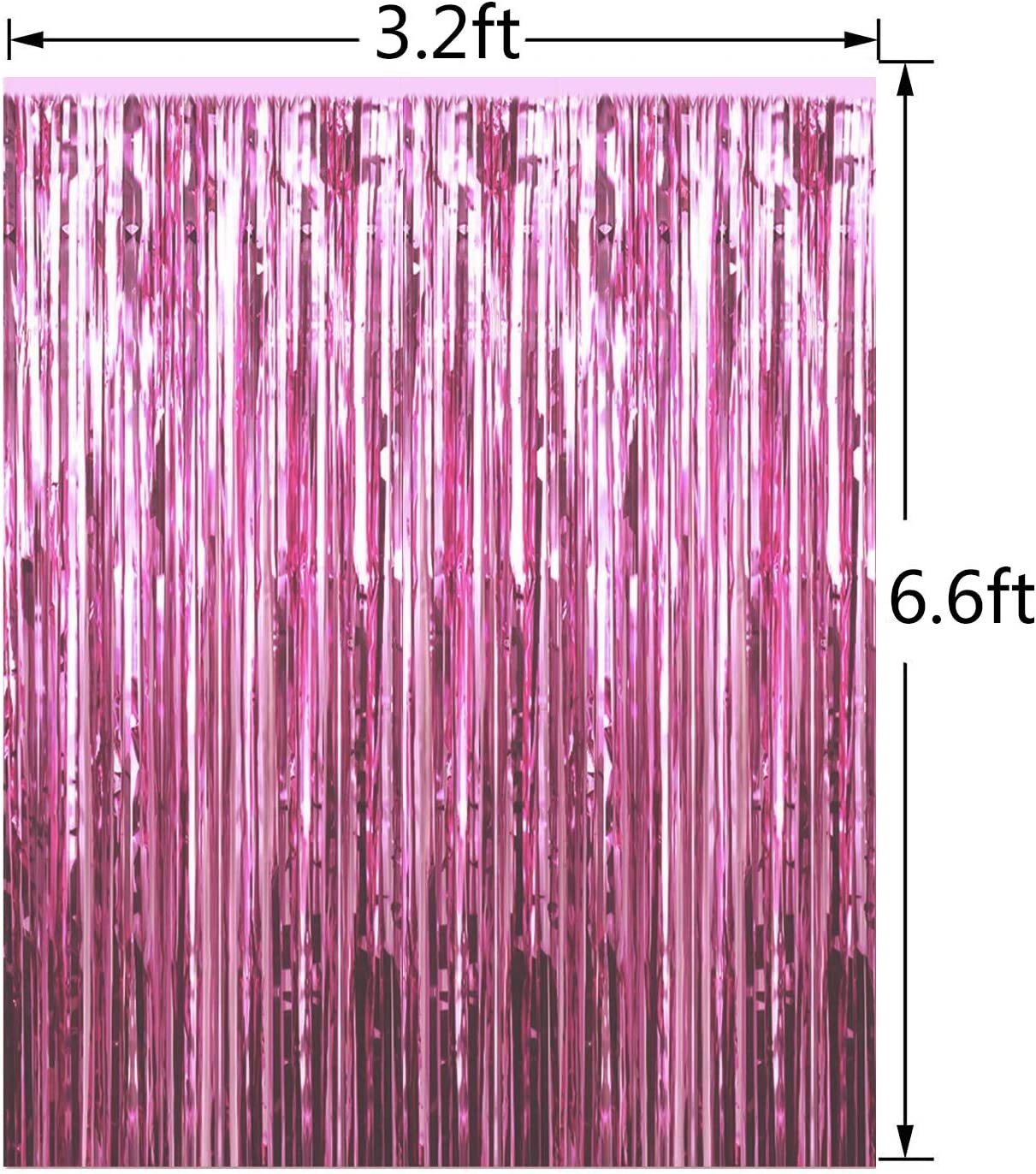 Wattne 3 Pack Metallic Tinsel Fringe Curtains Backdrop, Rose Pink photo 3