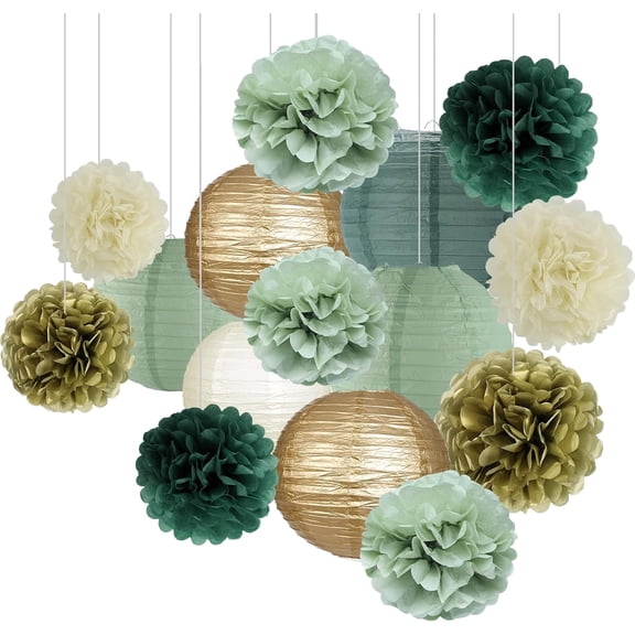 MORAVE Sage Green Party Decorations, 15pcs Gold/Ivory/Sage Green Paper Lanterns and Pom Poms Flowers, perfect for Birthday Party and Wedding
