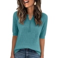 thumbnail image 2 of Womens Short Sleeve Sweater V Neck Lightweight Knit Spring Summer Tops Henley Button Blouses Light Blue L, 2 of 6
