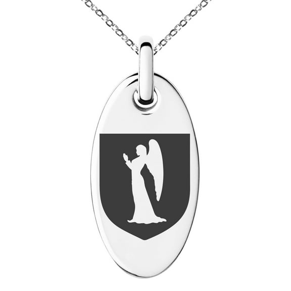 Stainless Steel Angel Divinity Coat of Arms Shield Engraved Small Oval Charm Pendant Necklace