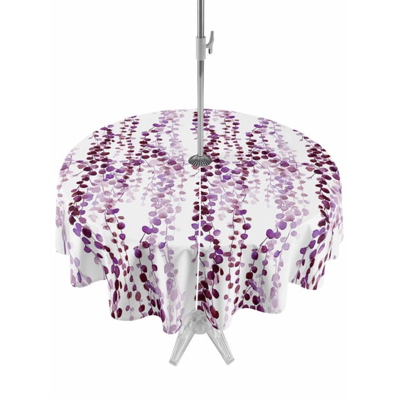 Outdoor Tablecloth with Umbrella Hole for Patio/Picnic/Party/Camping, Purple Weeping Eucalyptus Waterproof Table Cloth Round Cover Washable, Spring Summer Farmhouse Leaves (Dia 60")