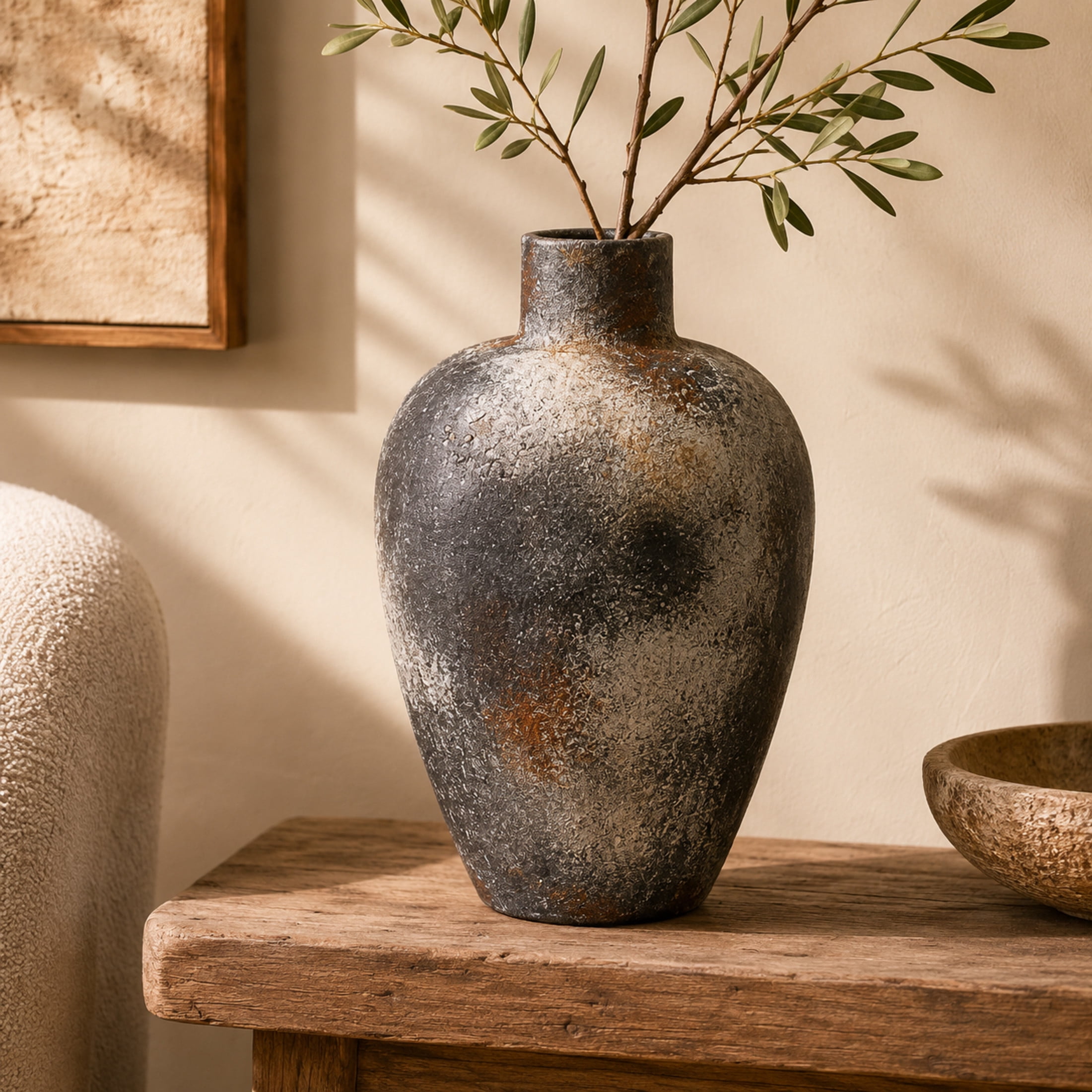 DecMode 13" Wide Textured Dark Gray Ceramic Vase with Brown Accents