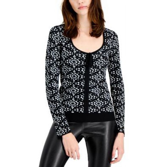 MSRP $70 Inc International Concepts Printed Tie-Detail Sweater Black Size Large