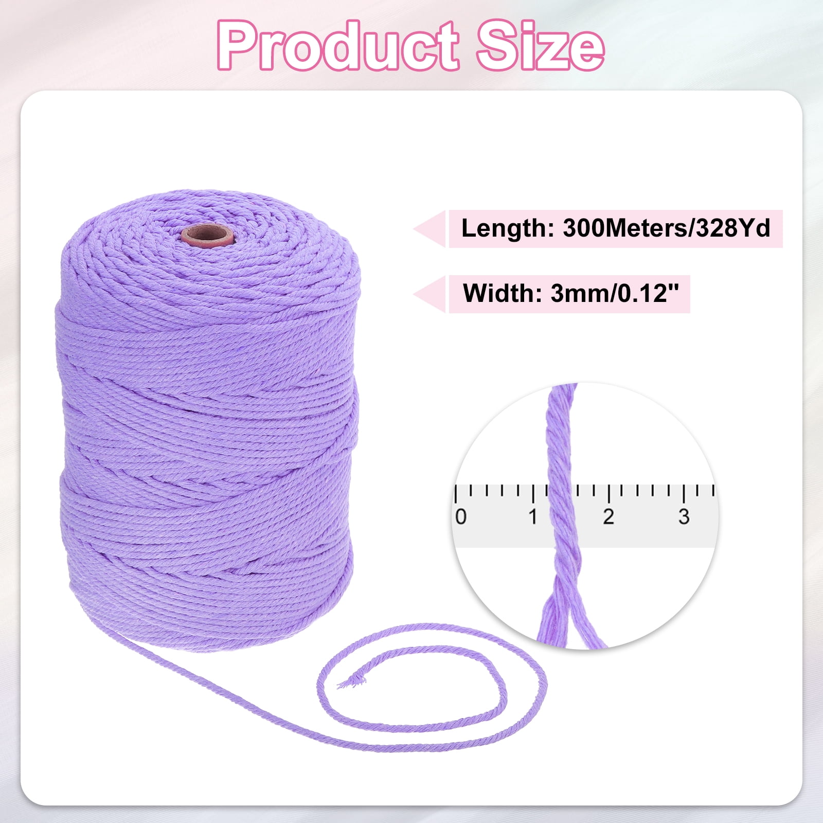 Uxcell Natural Macrame Cord 3mm x 328 Yards 4 Strand Twisted Cotton Macrame Rope for DIY Knitting Plant Wall Hanger Dreamcatcher, Light Purple