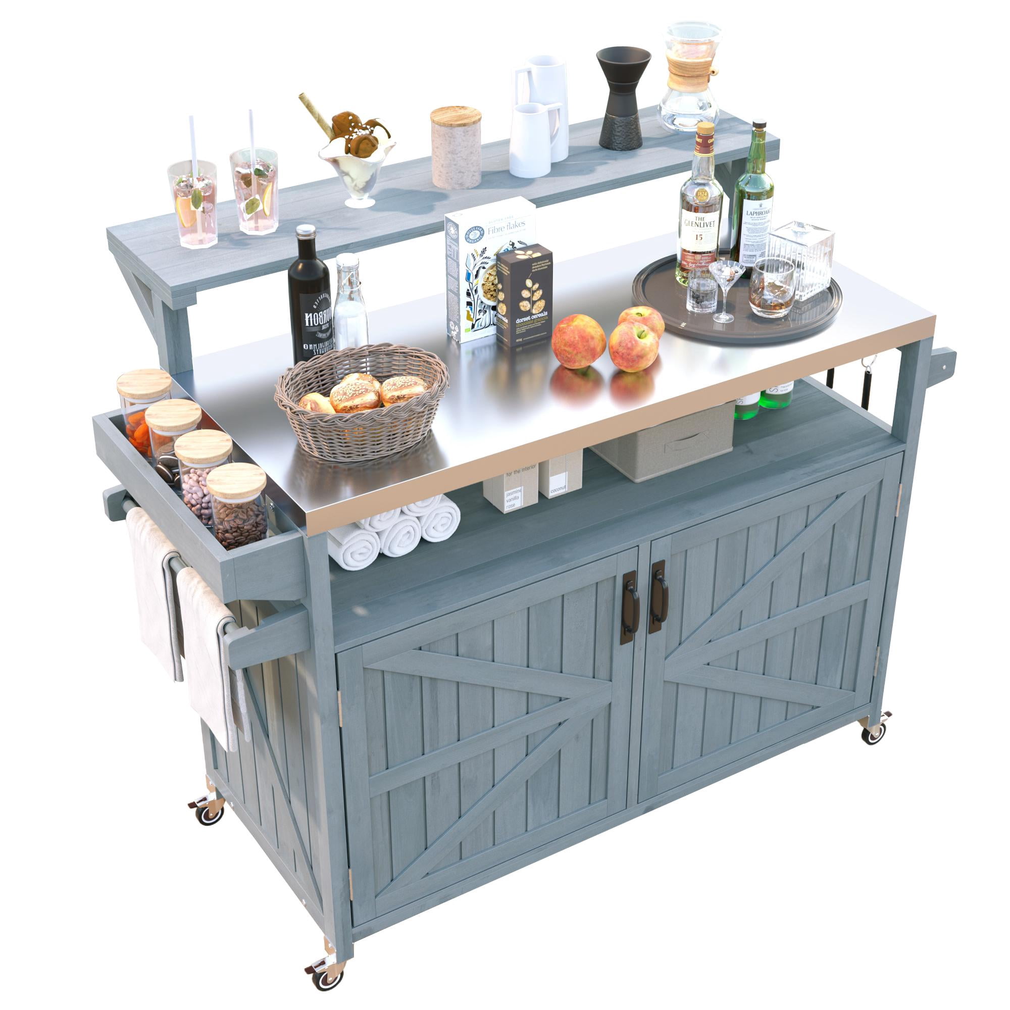 53.3" Outdoor Kitchen Island with Raised Shelf, Solid Wood Storage BarCart with Stainless Steel Top, Outdoor Rolling Grill Cart with Spice Rack, Grey Blue