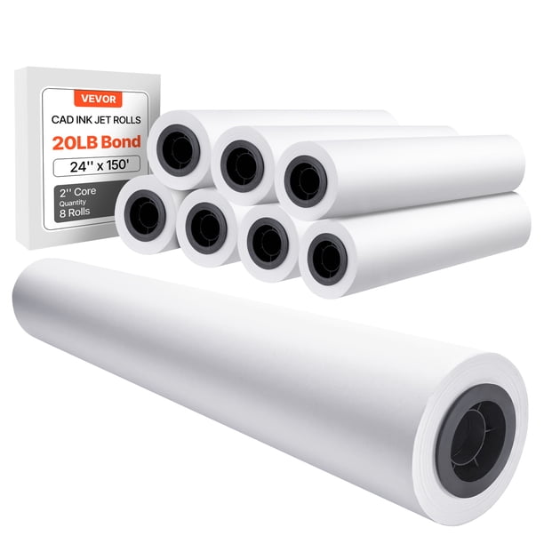 VEVOR Rollos de Papel de Formato Ancho, 609,6 mm Ancho y 45,7 m Largo, 8 Rollos, Ideal para Dibujos CAD, Planos Técnicos, Mapas GIS, Diseños Arquitectónicos y Papel para Plotter, Blanco Brillante