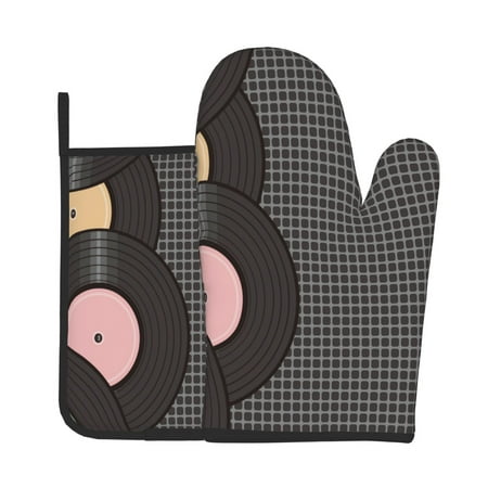 

Jgfou Vinyl Records Pattern Oven Mitts and Pot Holders Sets Heat Resistant Oven Mittens Soft Lining Extra Thicken Long Kitchen Cotton Oven Glove for Cooking