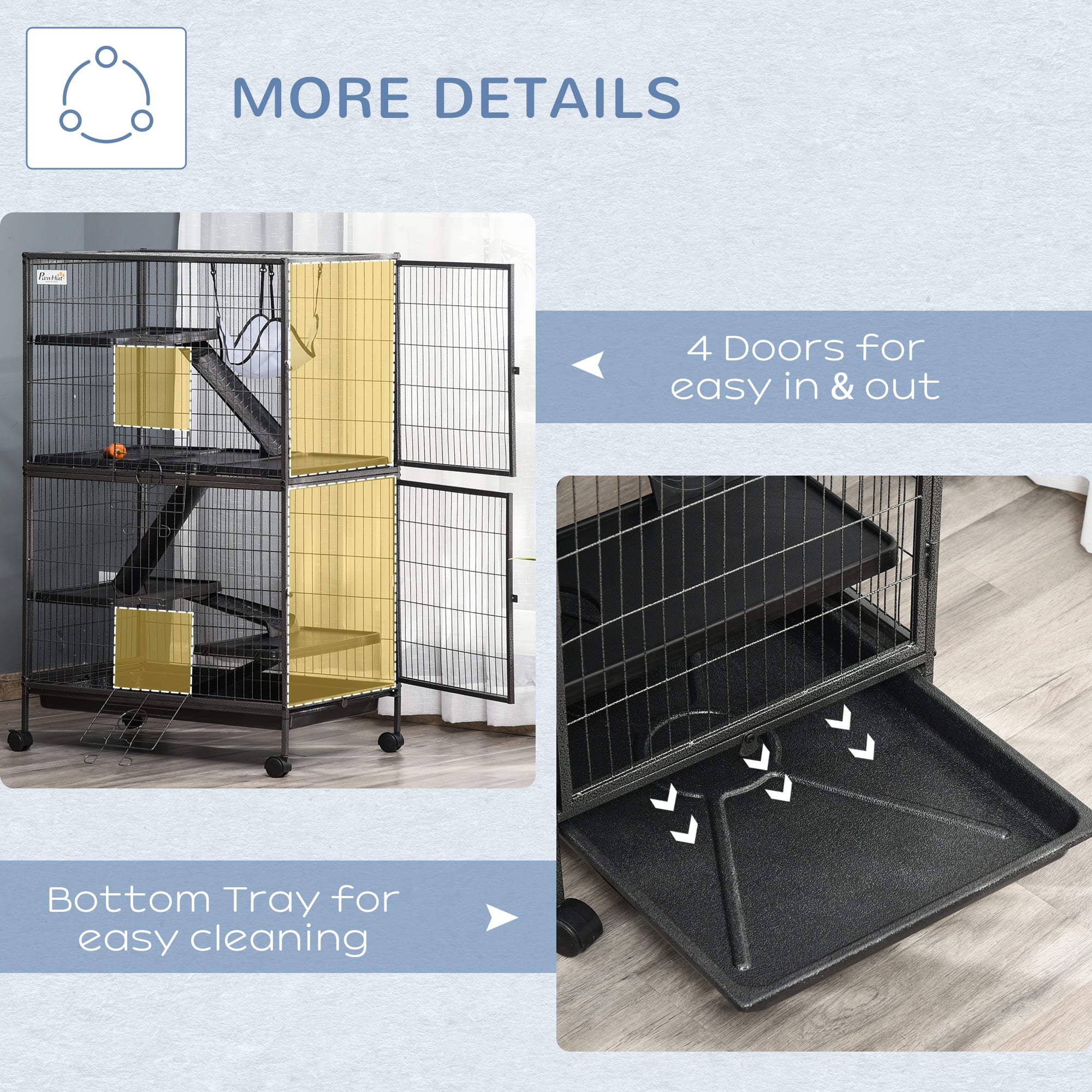 Pawhut 50” 4 Tier Steel Plastic Small Animal Pet Cage Kit with Wheels, Silver Gray Hammertone