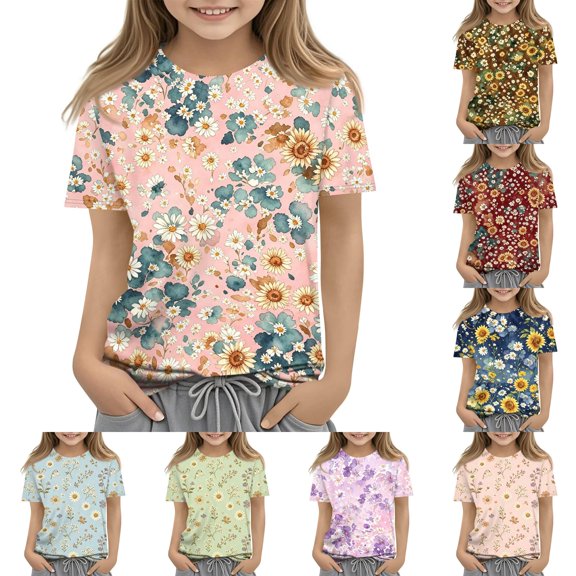 Girls Cute Summer Tops Size 7 Casual Short Sleeve Crew Neck Girls Tops Funny Daisy Floral Graphic T-Shirts Girls Fashion Tee Tops Saffron 11-12 Years