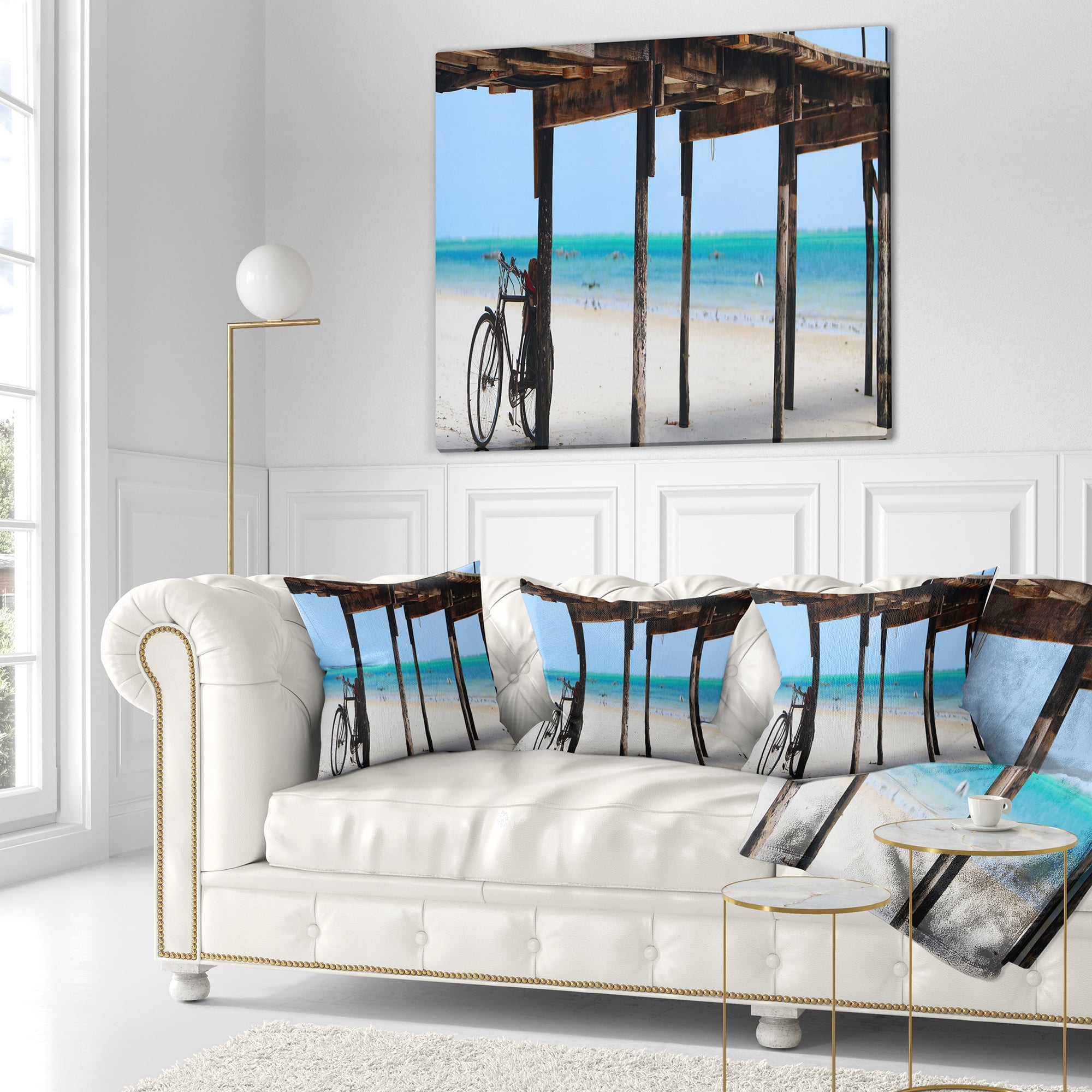 Designart White Sand Beach in Zanzibar Island - Modern Seascape Throw Pillow - 16x16
