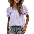 thumbnail image 1 of Camiseta informal plisada doble con decoración jacquard y manga corta abombada para mujer para uso en verano, color morado claro M, 1 of 5