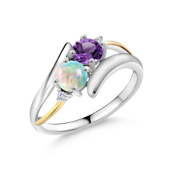 Gem Stone King 1.00 Cttw Purple Amethyst White Simulated Opal and Lab Grown Diamond Ring for Women | 925 Sterling Silver and 10K Yellow Gold | Wedding Engagement Anniversary Promise Ring | Size 5