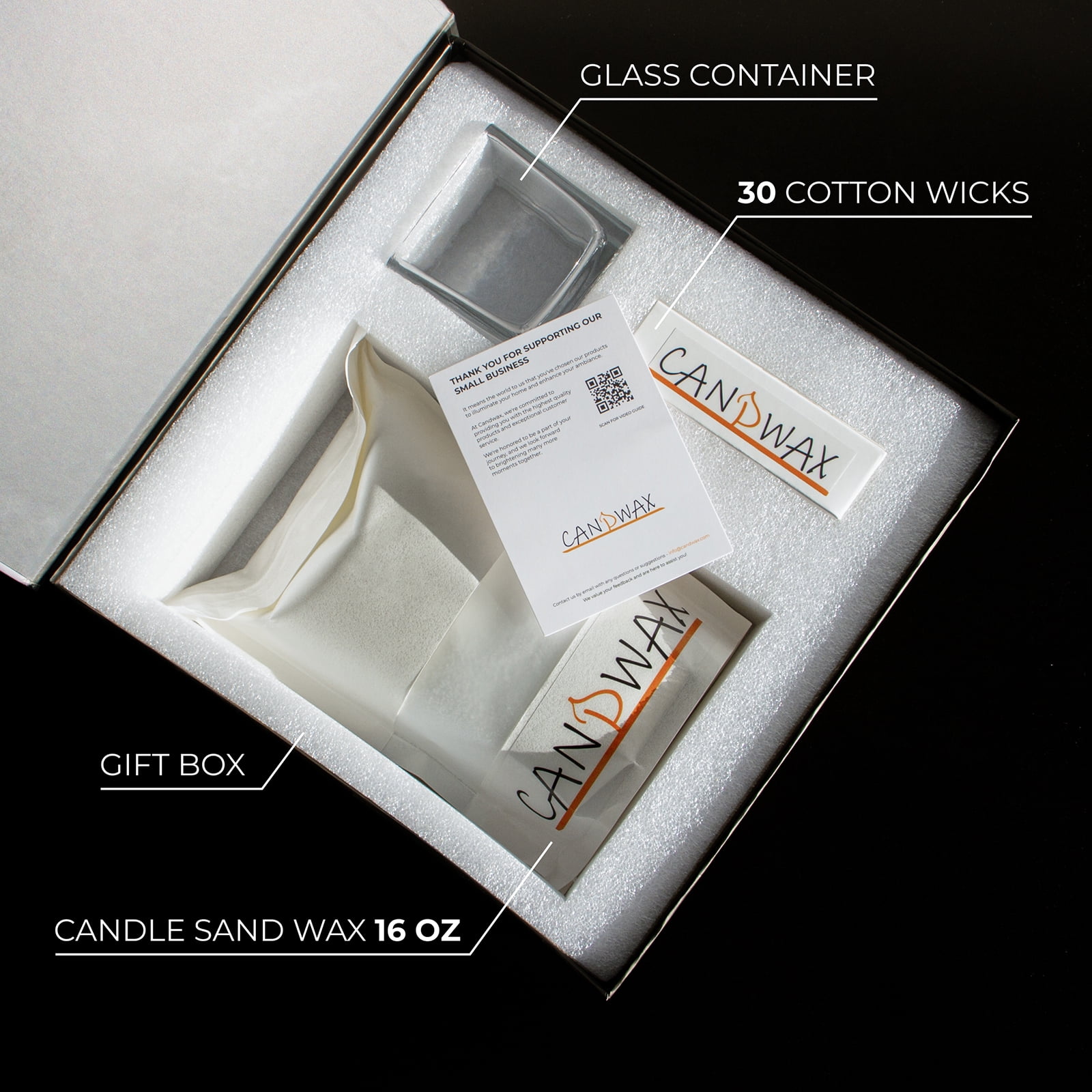 CANDWAX Pearled Candle Wax Sand 16 Oz (450g) - Unscented Plant-Based Smokeless Dripless Gift Powder for Candles - Refillable Candle Pearls with 30 Wicks and a Reusable Glass Container